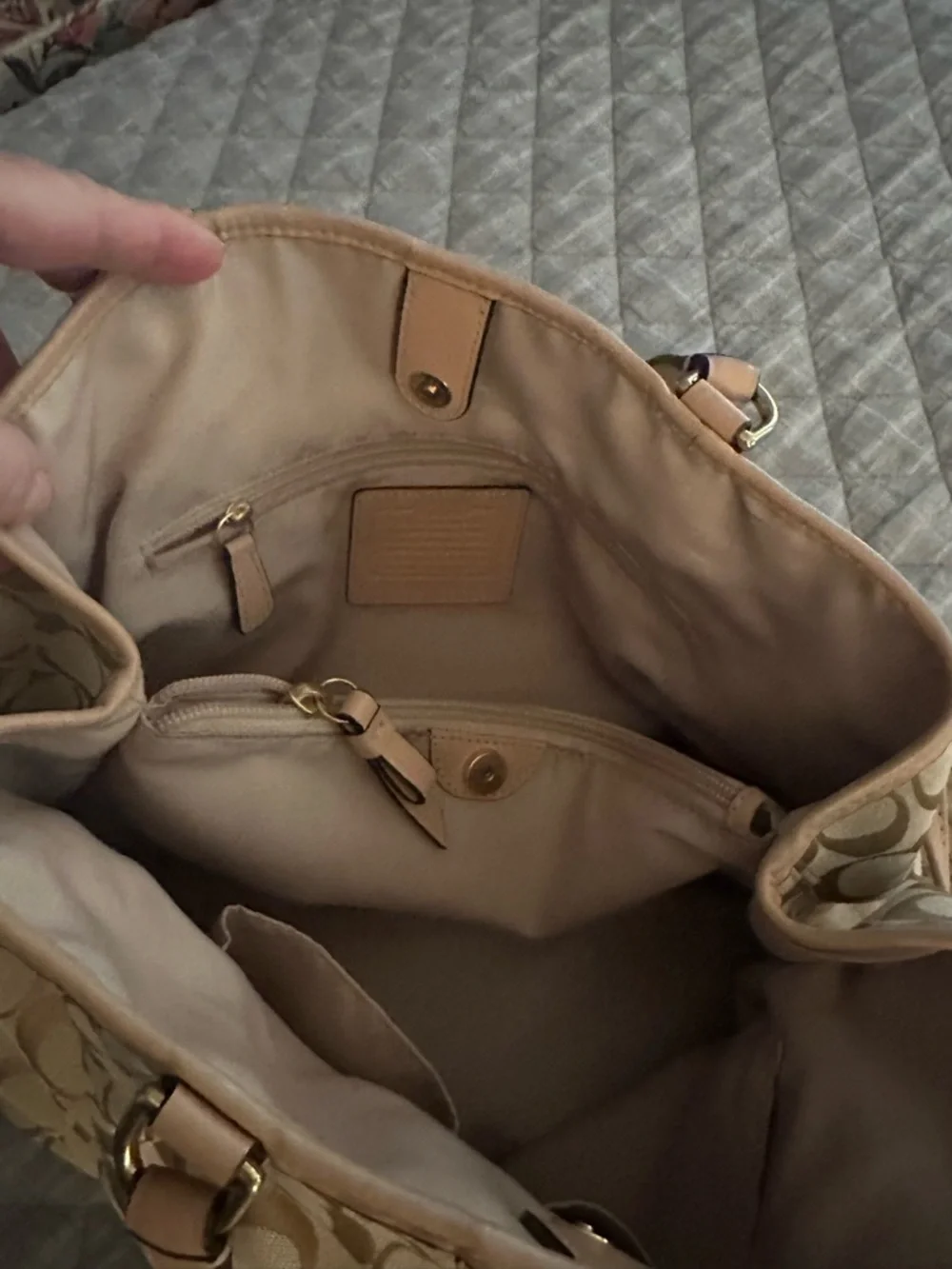 Coach Beige Signature Satchel with Teal Center Stripe - Picture 6 of 7